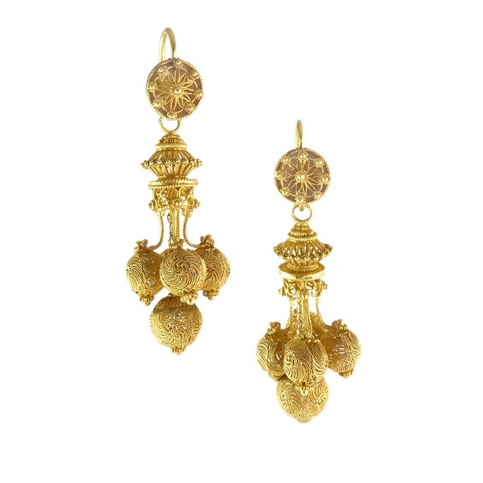 Pair of 19th century gold cannetille ball and florette pendant earrings, c.1860, | MasterArt